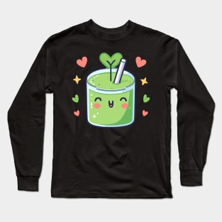 Kawaii Green Avocado Drink with Hearts | Cute Kawaii Food Art for Healthy Vegans Long Sleeve T-Shirt